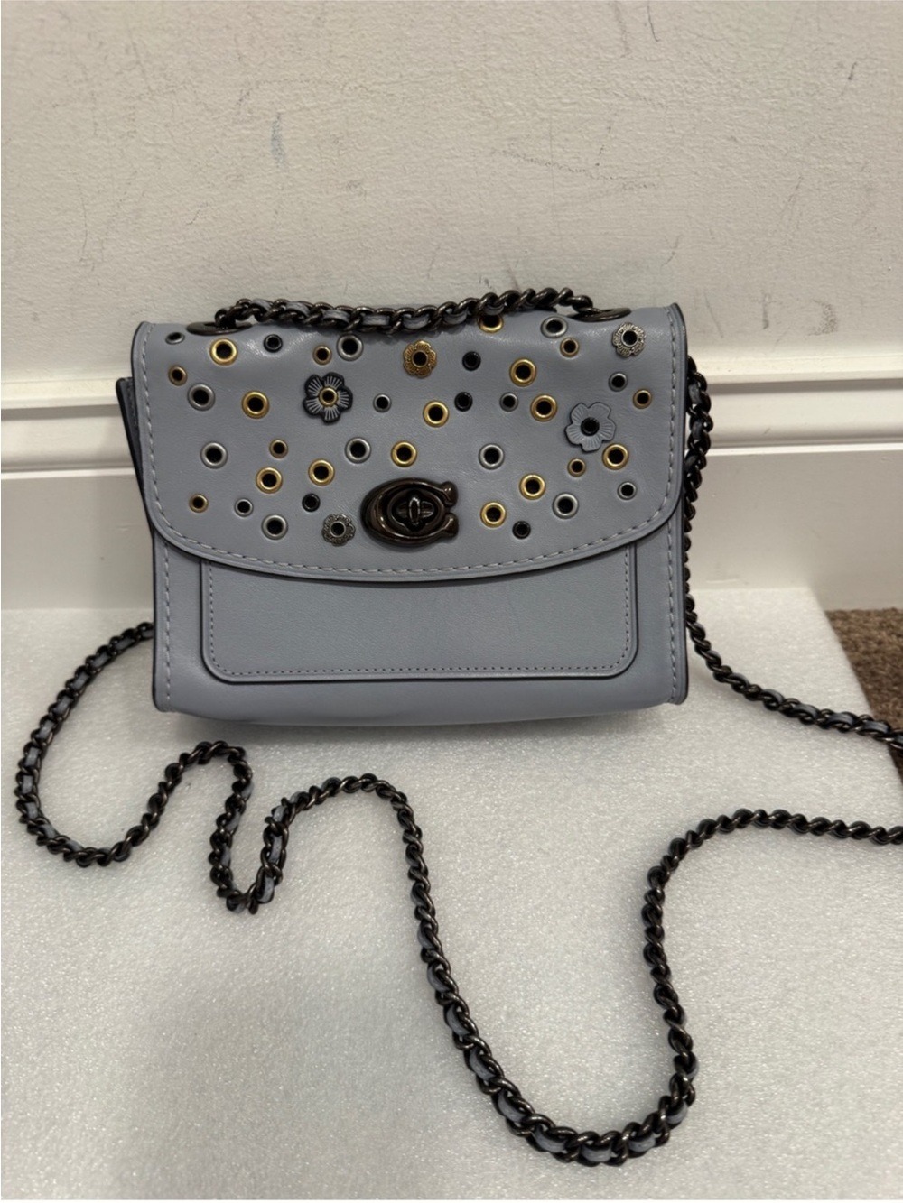 Coach Parker 18 Floral Eyelet Crossbody with rivets - Aqua Blue - Picture 5 of 9